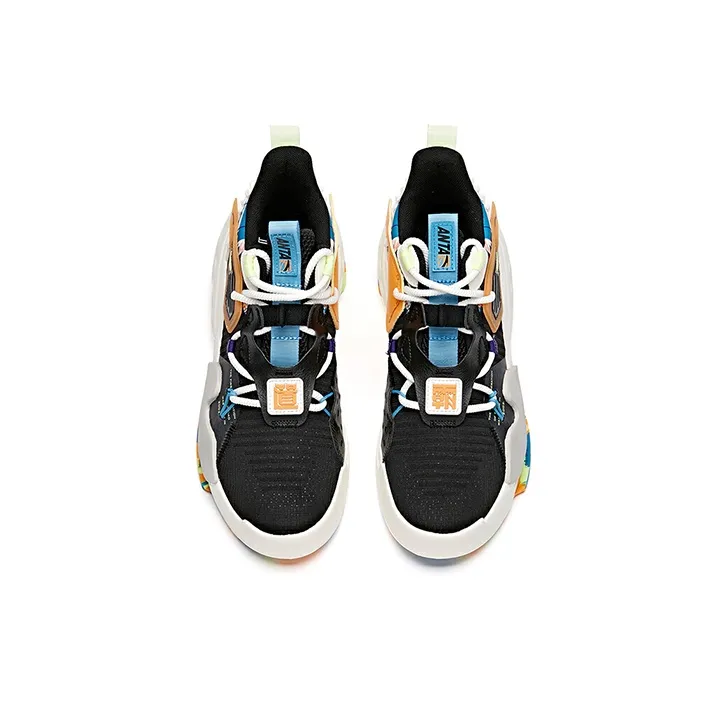 Anta Tyrannical Anti-Slip Wear-Resistant Mid-Top Skateboard Shoes Black White Orange-2