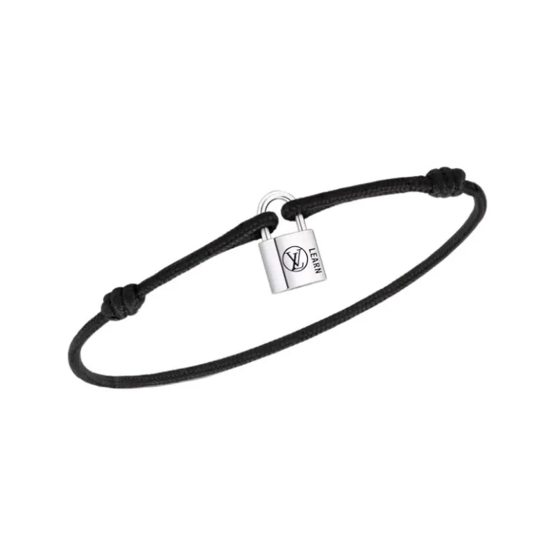 LOUIS VUITTON SiLOUIS VUITTONer Lockit Bracelet Sterling SiLOUIS VUITTONer Black Laquered And Black Polyester Cord-1