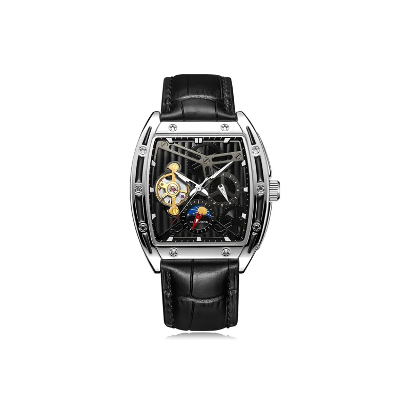 KUN HUANG Mechanical Movement Genuine Leather Strap Watch Men's Watches Black Dial-1