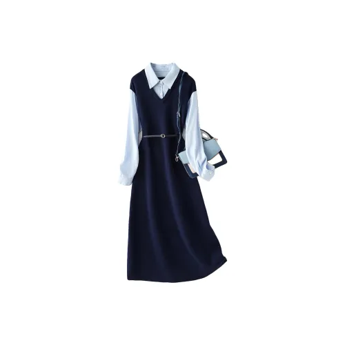 IHIMI Long-Sleeved Dresses Women's Navy Blue