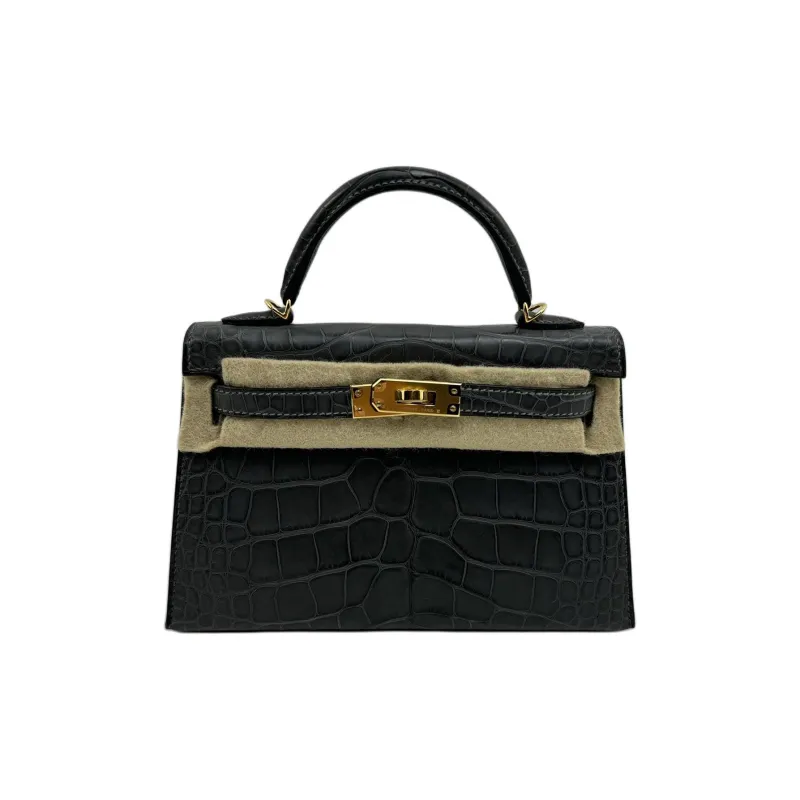 HERMES Mini Kelly Generation 1 Matte Crocodile Leather Kelly Handbag Mini Women's 88 Graphite Gray-0