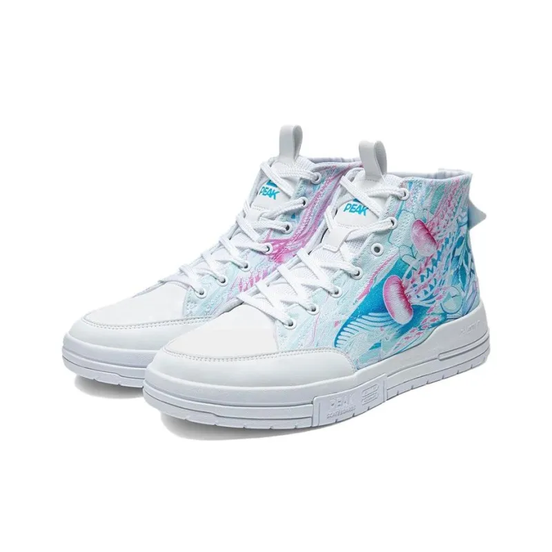 PEAK Deep Sea Swimming Anti Slip Wear Resistant High Top Skateboard Shoes Men's Blue White Pink-2