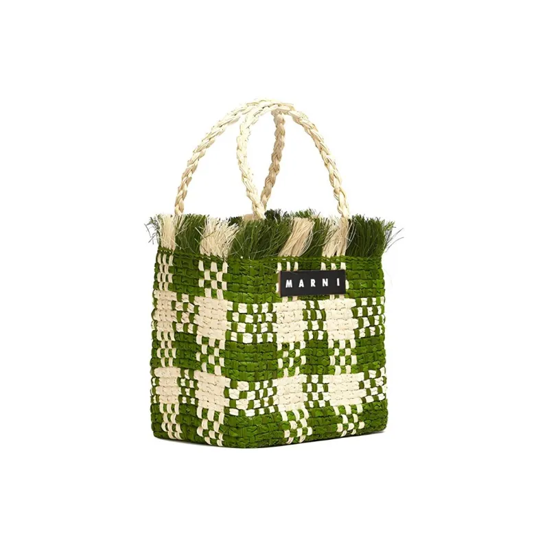 MARNI Palm Fiber With Cow Leather Basket Bag Handbag Trumpets Women's Green/Natural-1