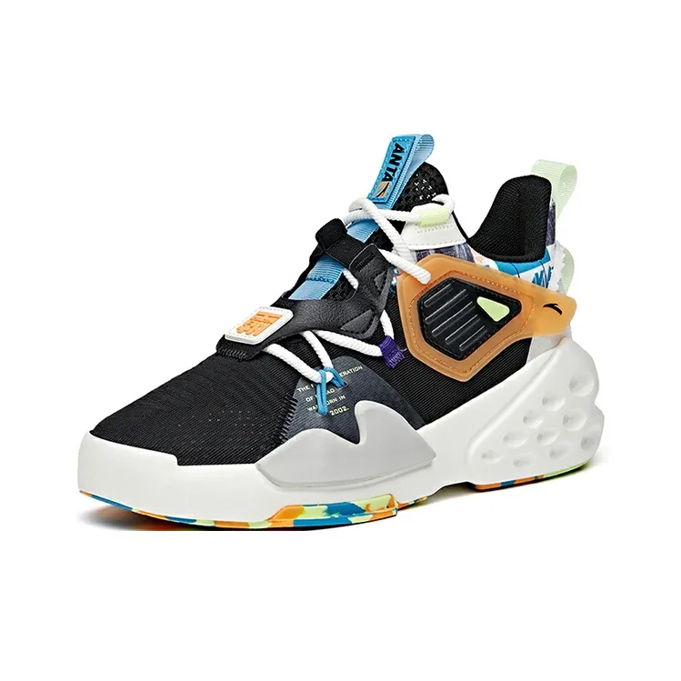 Anta Tyrannical Anti-Slip Wear-Resistant Mid-Top Skateboard Shoes Black White Orange-1