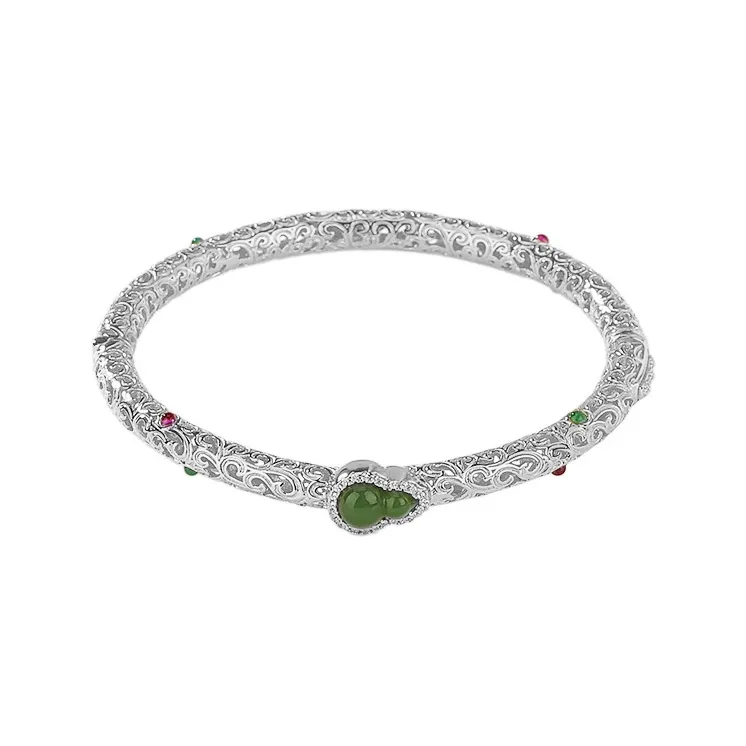 Xiaoyinjiang 925 Sterling Silver Hetian Jade Bangle Bracelet Silver Bangle Women's Jasper-3