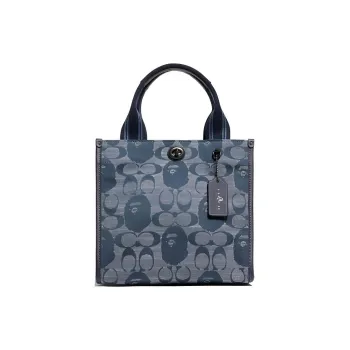 COACH Bape Collaboration Field Chambray Jacquard Fabric With Leather Tote Bag Shopping Bag Small Size Unisex Denim Blue