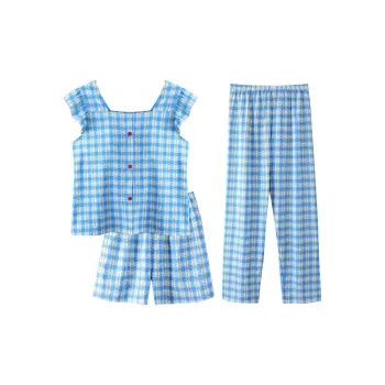 CAIHENGTONG Spring Fall And Summer Pajama Set Women's Blue Plaid
