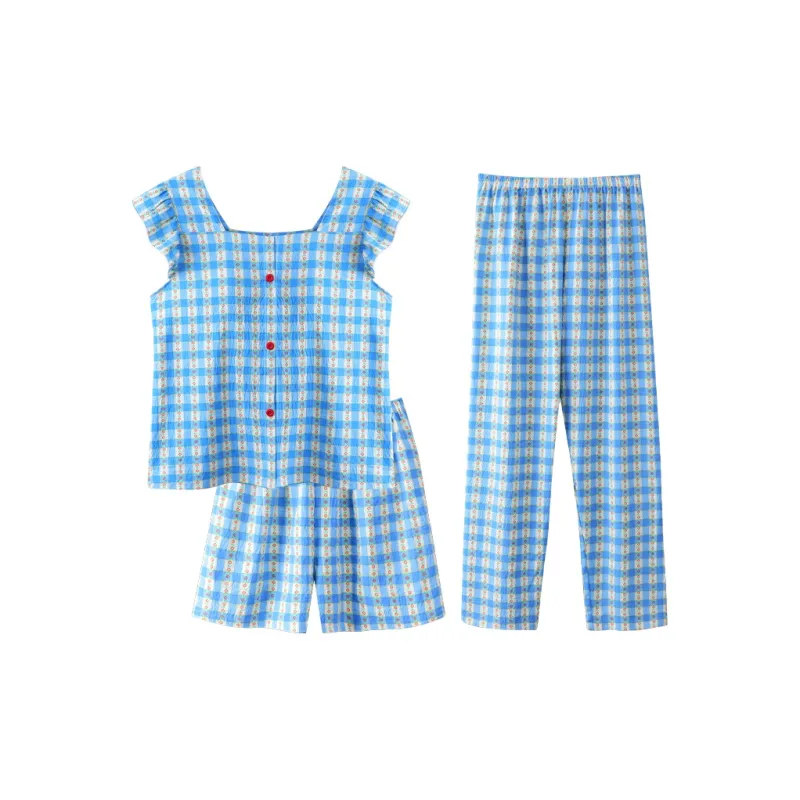 CAIHENGTONG Spring Fall And Summer Pajama Set Women's Blue Plaid-0