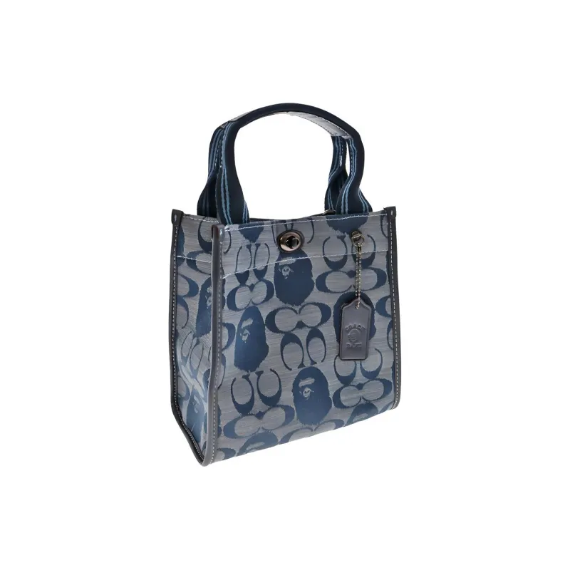 COACH Bape Collaboration Chambray Jacquard Fabric With Leather Tote Bag, Shopping Bag Trumpets Unisex Denim Blue-2