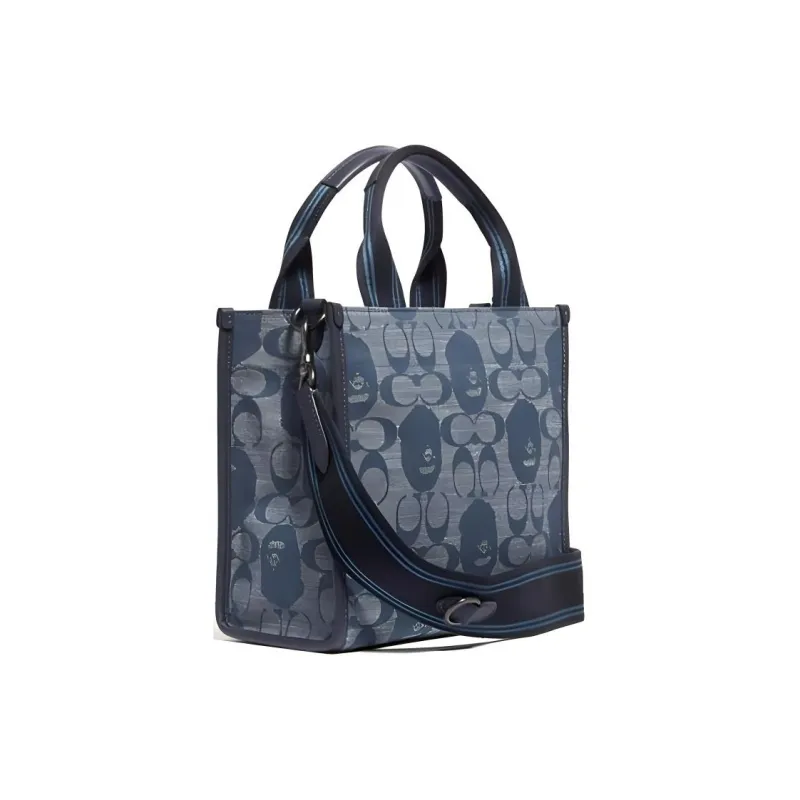 COACH Bape Collaboration Chambray Jacquard Fabric With Leather Tote Bag, Shopping Bag Trumpets Unisex Denim Blue-1