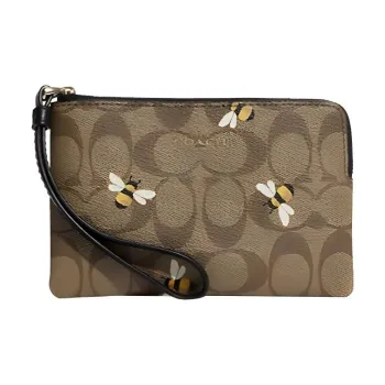 COACH Corner Zip Canvas With Leather Cell Phone Pouch Clutch Small Size Women's Khaki
