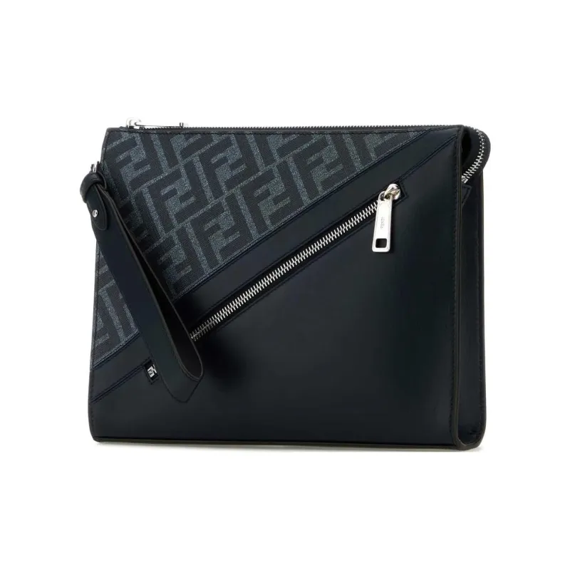 FENDI Embroidery Fabric With Leather Clutch Men's Blue-1