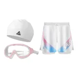 White Swim Trunks+White Pink Swim Goggles+White Swimming Cap