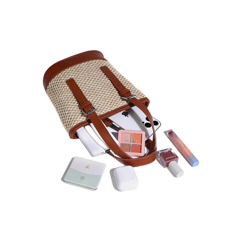 H YXIANG Straw Woven PU Shoulder Bag Regular Women's Beige-6