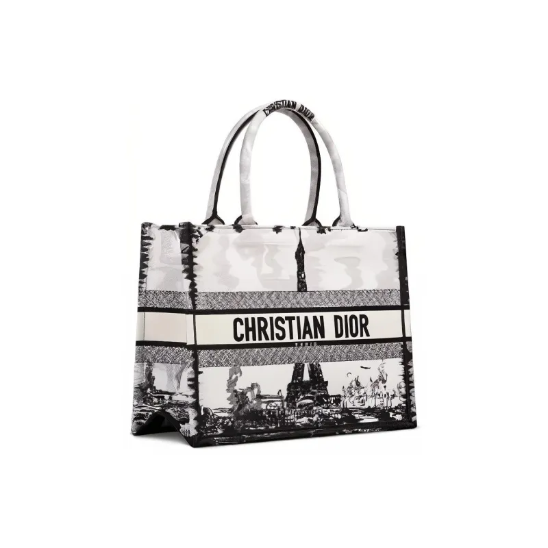 DIOR Embroidery Tote Bag, Shopping Bag, Handbag Medium Size Women's Black-0