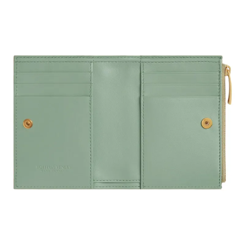 Bottega Veneta Intrecciato Calfskin Wallet Small Size Women's Travertine New Sage-3