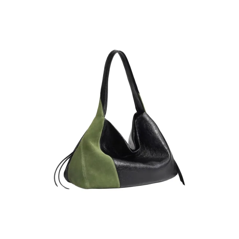 YOCAMU Cow Leather Tote Bag Shopping Bag Handbag Shoulder Bag Large Size Women's Black & Green/Khaki-1
