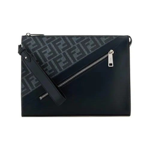 FENDI Embroidery Fabric With Leather Clutch Men's Blue