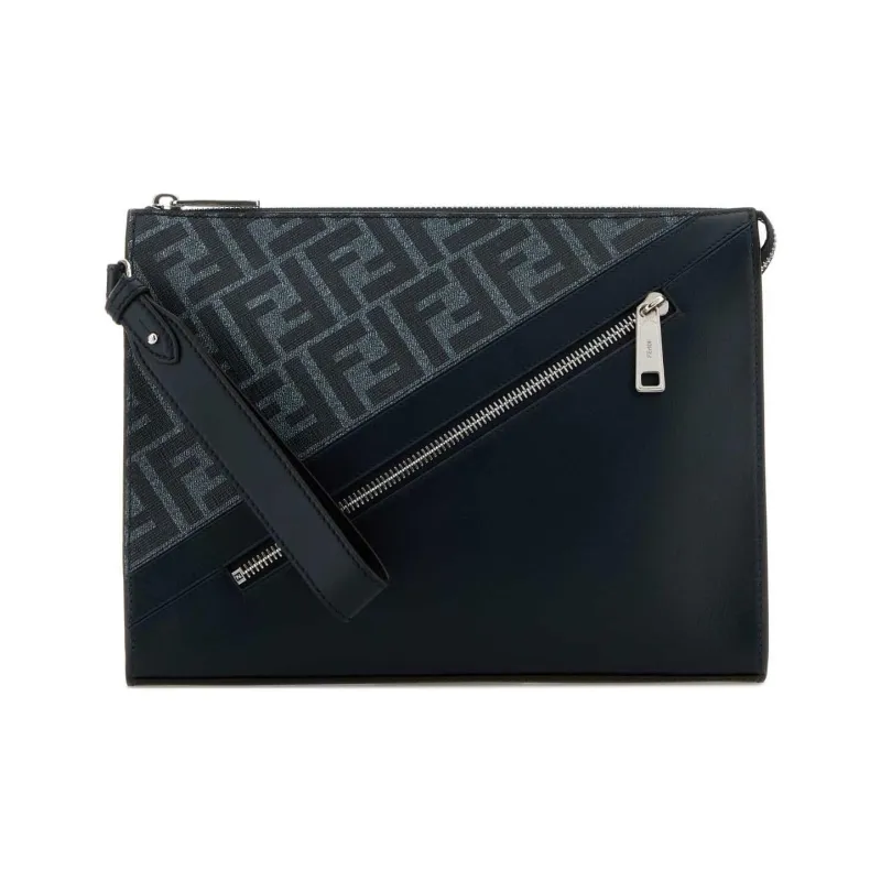 FENDI Embroidery Fabric With Leather Clutch Men's Blue-0
