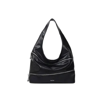 VFVF BAG OFFICAL PU Panel Denim Shoulder Bag Large Size Women's Black/White