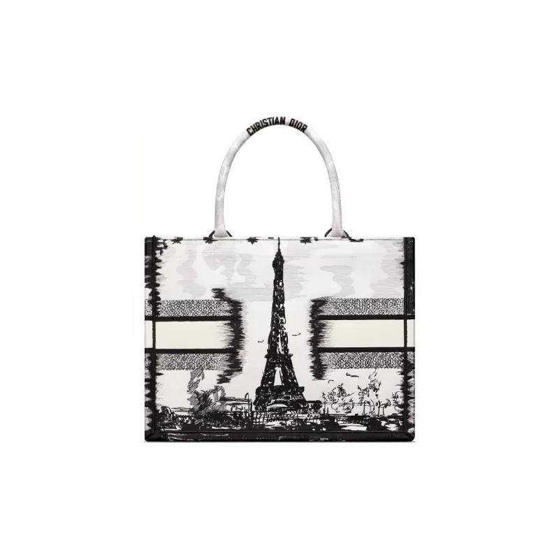 DIOR Embroidery Tote Bag, Shopping Bag, Handbag Medium Size Women's Black-1