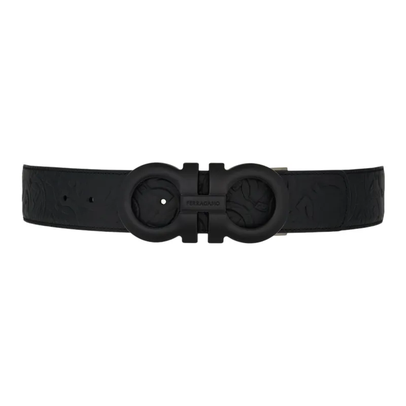 FERRAGAMO Textured Styling Design Leather Belts Men's Black Width 4.5CM-1