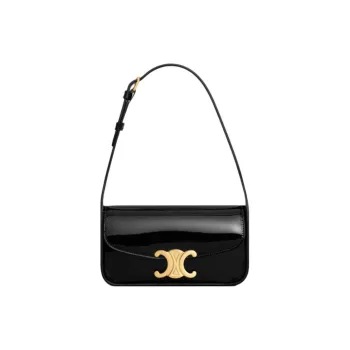 CELINE TERENCE Patent Leather Shoulder Bag Women's Black
