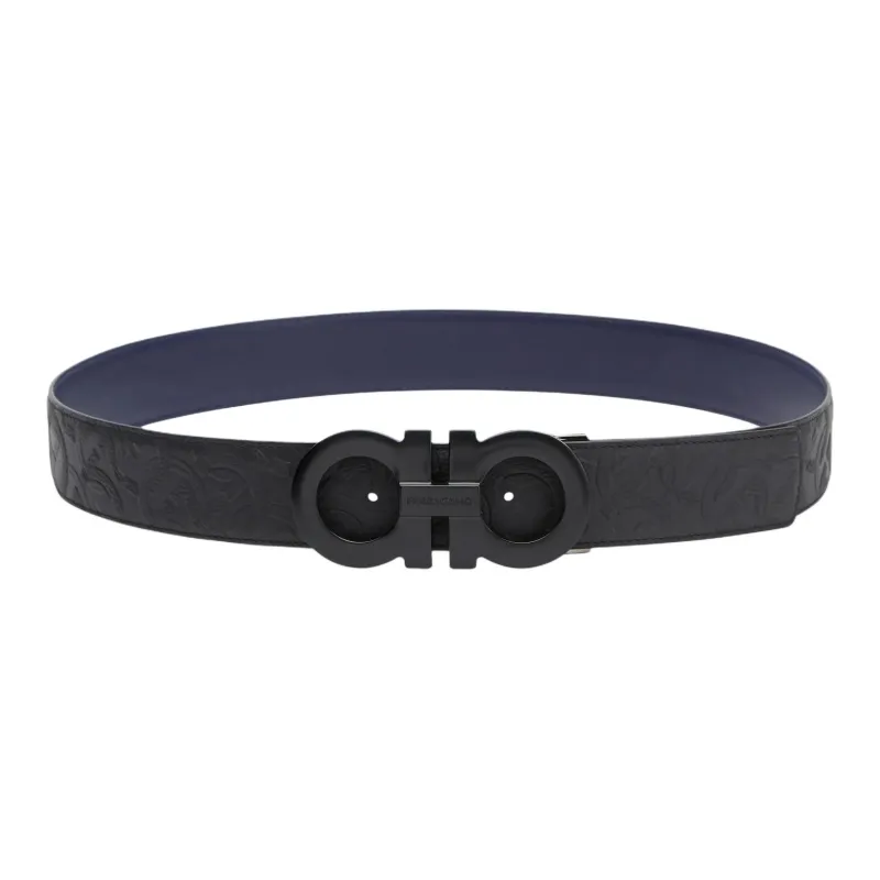 FERRAGAMO Textured Styling Design Leather Belts Men's Black Width 4.5CM-0