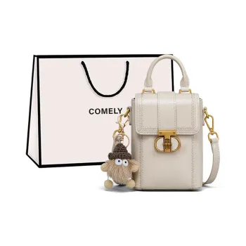 COMELY Cow Leather With Synthetic Leather Handbag, Shoulder Bag Small Size Women's Ecru