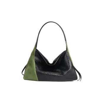YOCAMU Cow Leather Tote Bag Shopping Bag Handbag Shoulder Bag Large Size Women's Black & Green/Khaki