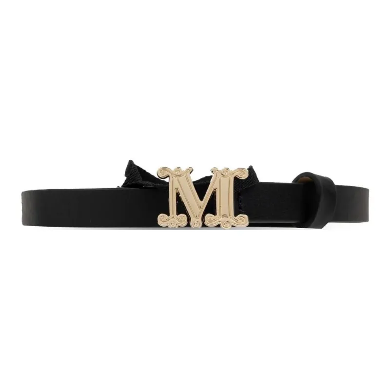 MaxMara Letter Label Calfskin Leather Belts Women's Black Width 1.5CM-0