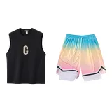 Black/White Tank Tops+Gradient Pink Shorts