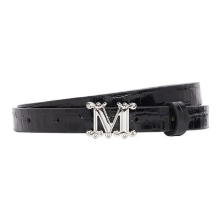 MaxMara Badge Design Calfskin Leather Belts Women's Camel/Black Width 1.5CM-2