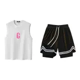 White/Pink Tank Tops+Black Shorts