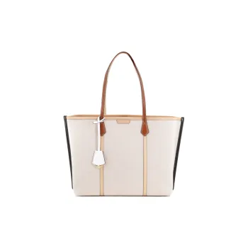 TORY BURCH Perry Canvas With Leather Tote Bag, Shopping Bag, Canvas Bag, One Shoulder Handbag Tubas Women's Khaki