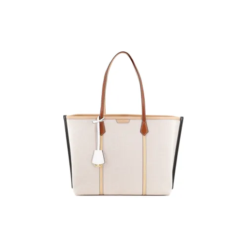 TORY BURCH Perry Canvas With Leather Tote Bag, Shopping Bag, Canvas Bag, One Shoulder Handbag Tubas Women's Khaki