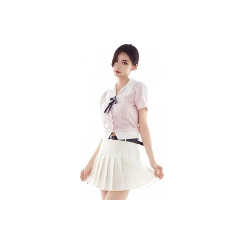 YuChaJia Uniforms Women's Pink Shirts+White Skirt Includes Bow Tie