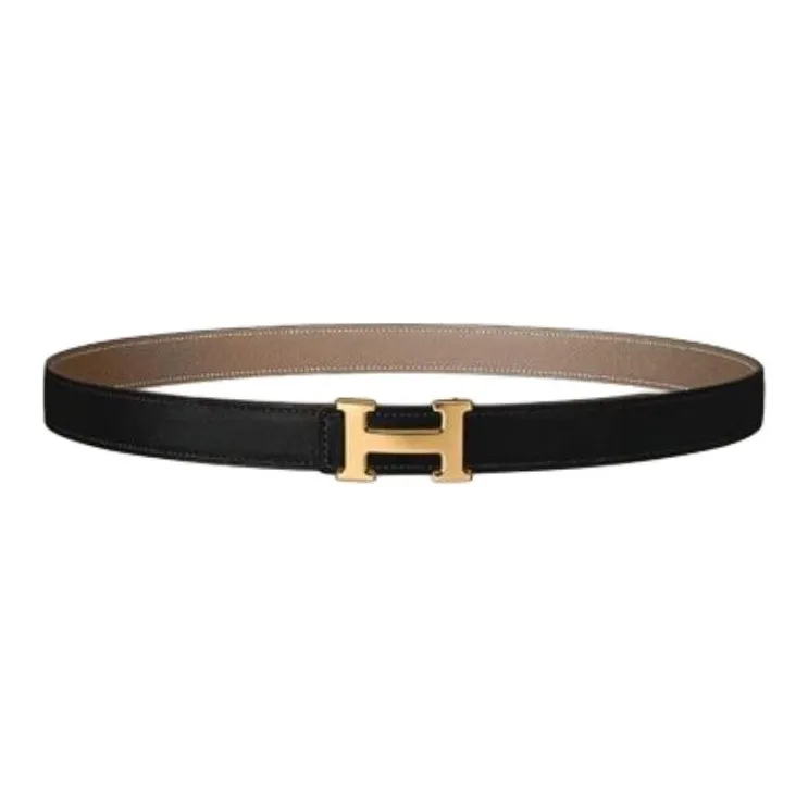 HERMES Badge Design Calfskin Leather Belts Men's Orange/Colorful Illustration/Gold Width 2.4CM-1