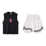 Black/Pink Tank Tops+White Shorts