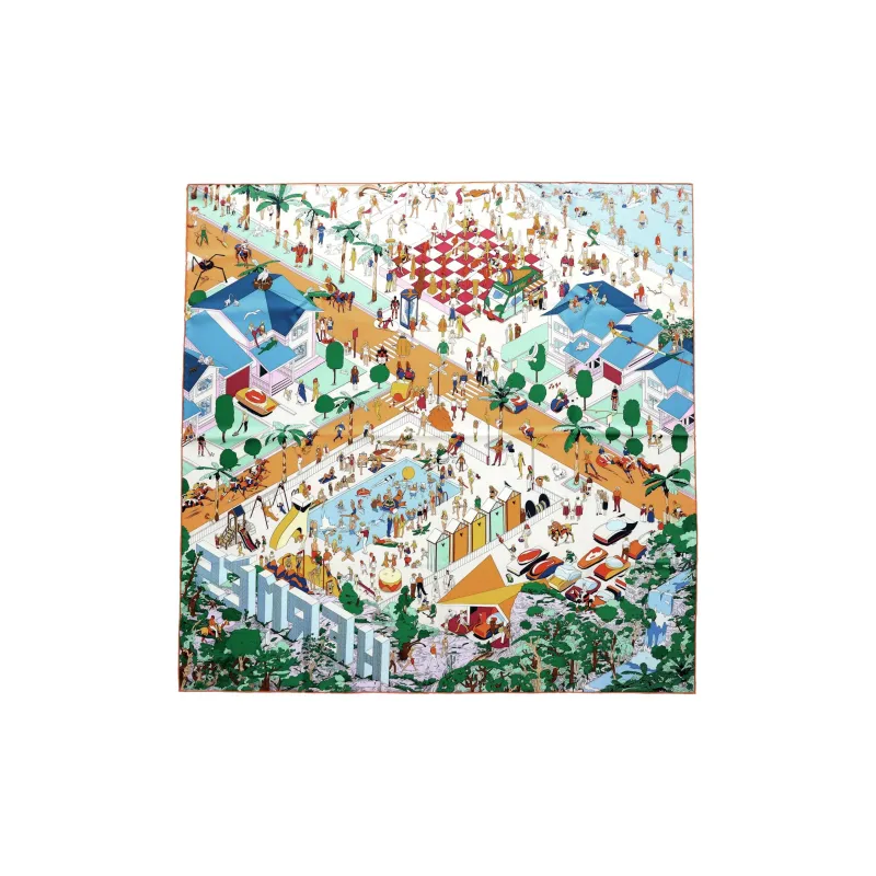 HERMES On The Beach Silk Scarves Women's Blue/Orange/Green-3