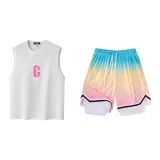 White/Pink Tank Tops+Gradient Pink Shorts