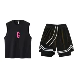 Black/Pink Tank Tops+Black Shorts