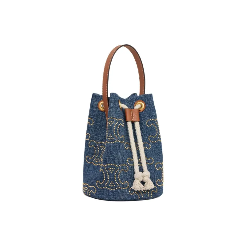 CELINE Triomphe Fabric With Cow Leather Handbag Women's Denim Blue-1