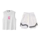 White/Pink Tank Tops+White Shorts