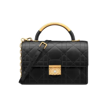 DIOR Macrocannage Calfskin Crossbody Handbag Shoulder Bag Medium Size Women's Black