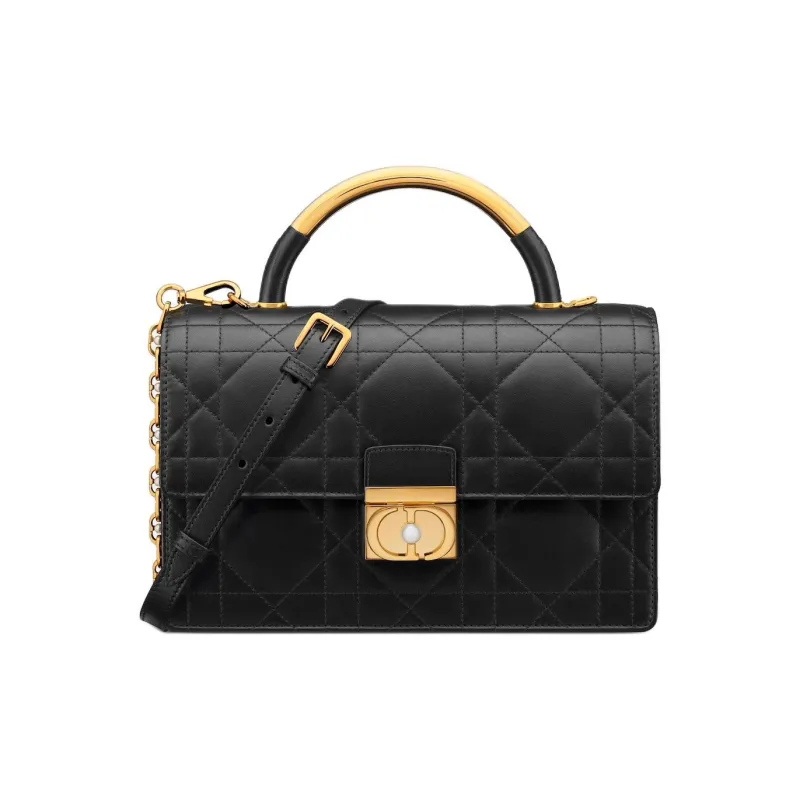 DIOR Macrocannage Calfskin Crossbody Handbag Shoulder Bag Medium Size Women's Black-0