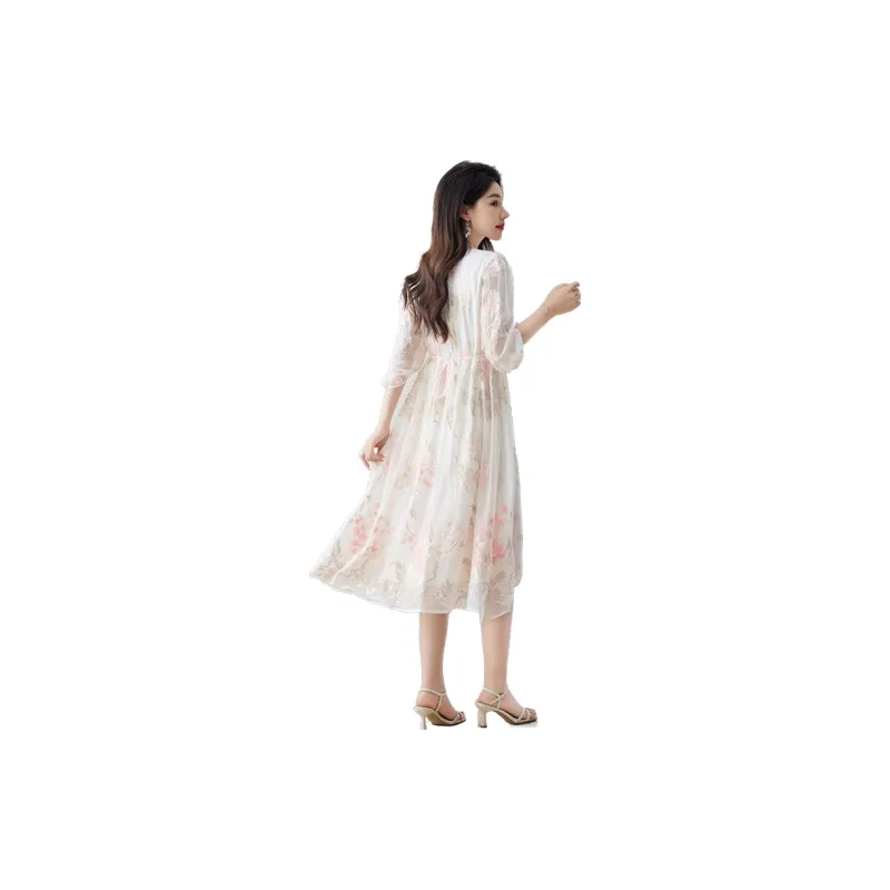 To The West Long-Sleeved Dresses Women's White Base Pink Large Floral Embroidered-1