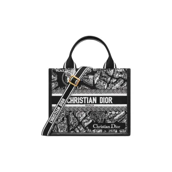 DIOR Embroidery Tote Bag Shopping Bag Shoulder Bag Crossbody Bag Handbag Small Size Women's Black & White