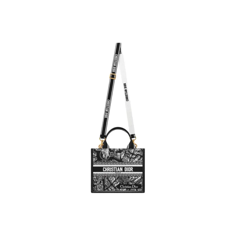 DIOR Embroidery Tote Bag Shopping Bag Shoulder Bag Crossbody Bag Handbag Small Size Women's Black & White-1