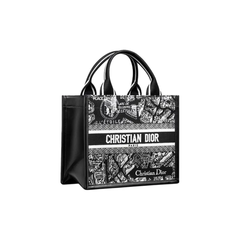 DIOR Embroidery Tote Bag Shopping Bag Shoulder Bag Crossbody Bag Handbag Small Size Women's Black & White-2